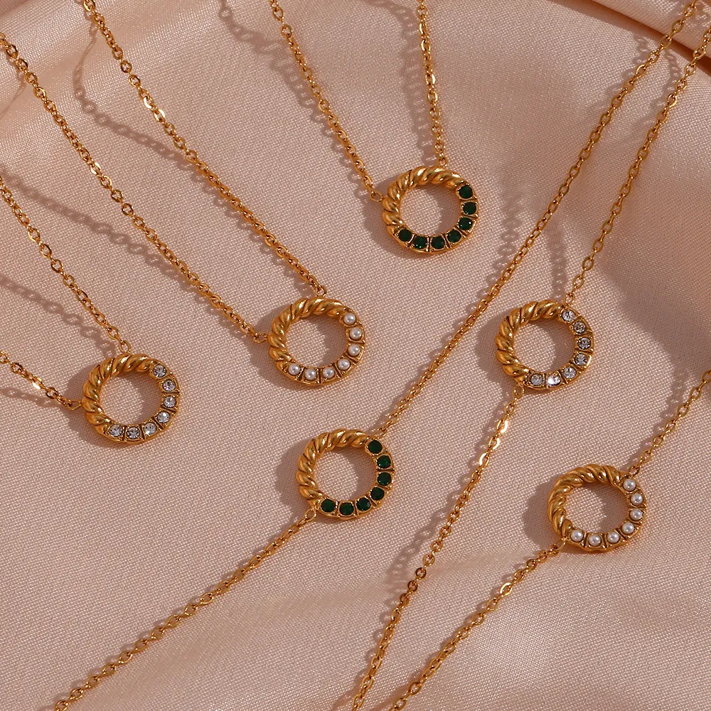 Elegant Stainless Steel Gold Plated Necklace Twist Circle Pendant With Faux Artificial Pearl And Zircon Jewelry For Women
