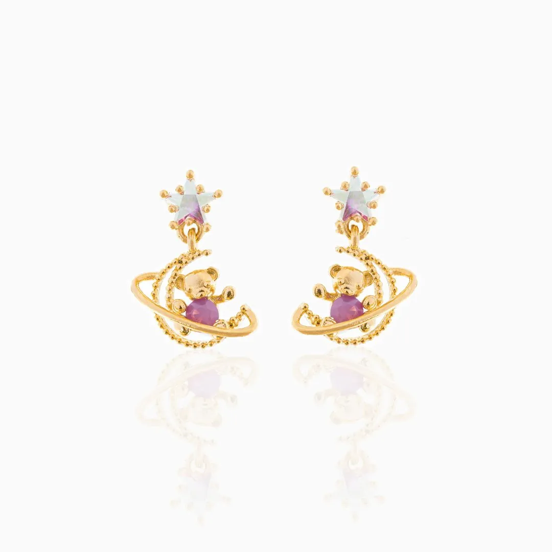 Orecchini Pendenti Orso Stella Luna Pianeta Ottone Placcato Oro 18K Con Perno In Argento 925 Zircone