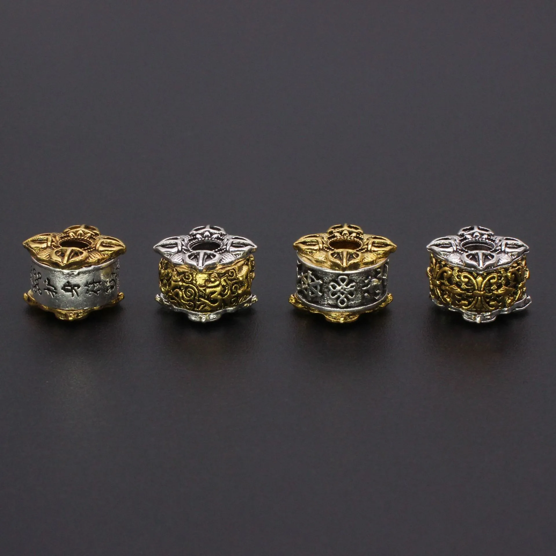Retro Ethnic Tibetan Spacer Beads Alloy Metal Cylinder Tube Vintage Religious Pattern Gold Silver Tone