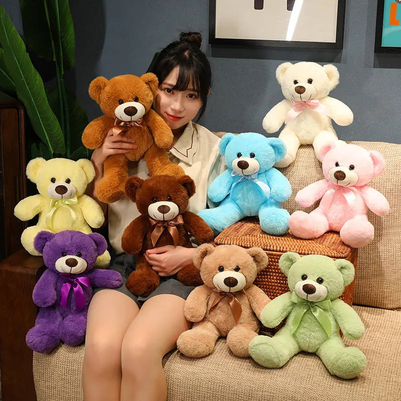 Soft Teddy Bear Plush Toy Colorful Stuffed Animal With Ribbon Bow Cute Furry Doll For Kids Birthday Gift