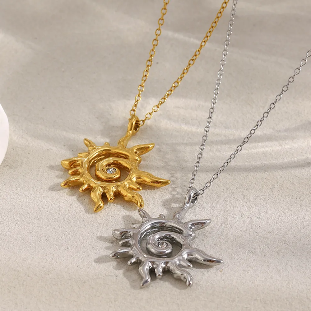 Collier Pendentif Rayon De Soleil Plqué Or 18K Acier Inoxydable Avec Charme Soleil Spirale Zircon Bijoux Pour Femmes