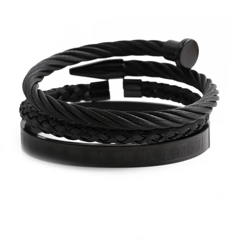 Set Bracciali Uomo Acciaio Inossidabile Chiodo Numeri Romani Polsino Aperto Regolabile Bracciale Cavo Terto Gioielli Moda Oro Argento Nero