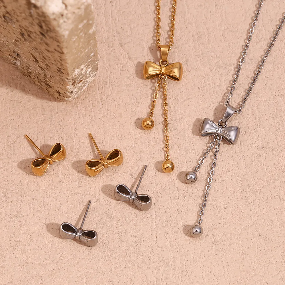 Bowknot Necklace And Earrings Stainless Steel 18K Gold Plated Tassel Beads Elegant Fashion Jewelry For Women