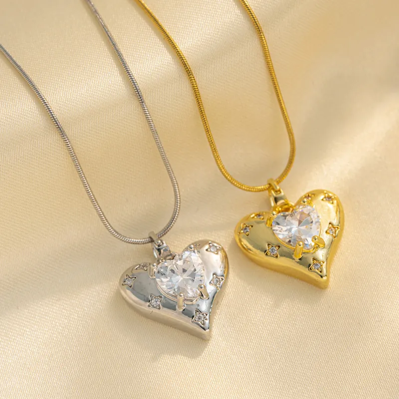 Titanstahl Herz Anhänger Halskette Für Damen Glänzende Strass Herz Stern Schlangenkette Mode Minimalistischer Schmuck Geschenk