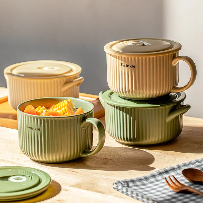 Ceramic Instant Noodle Bowl With Lid And Handle Vertical Striped Microwave Safe Soup Cup Large Capacity Tableware