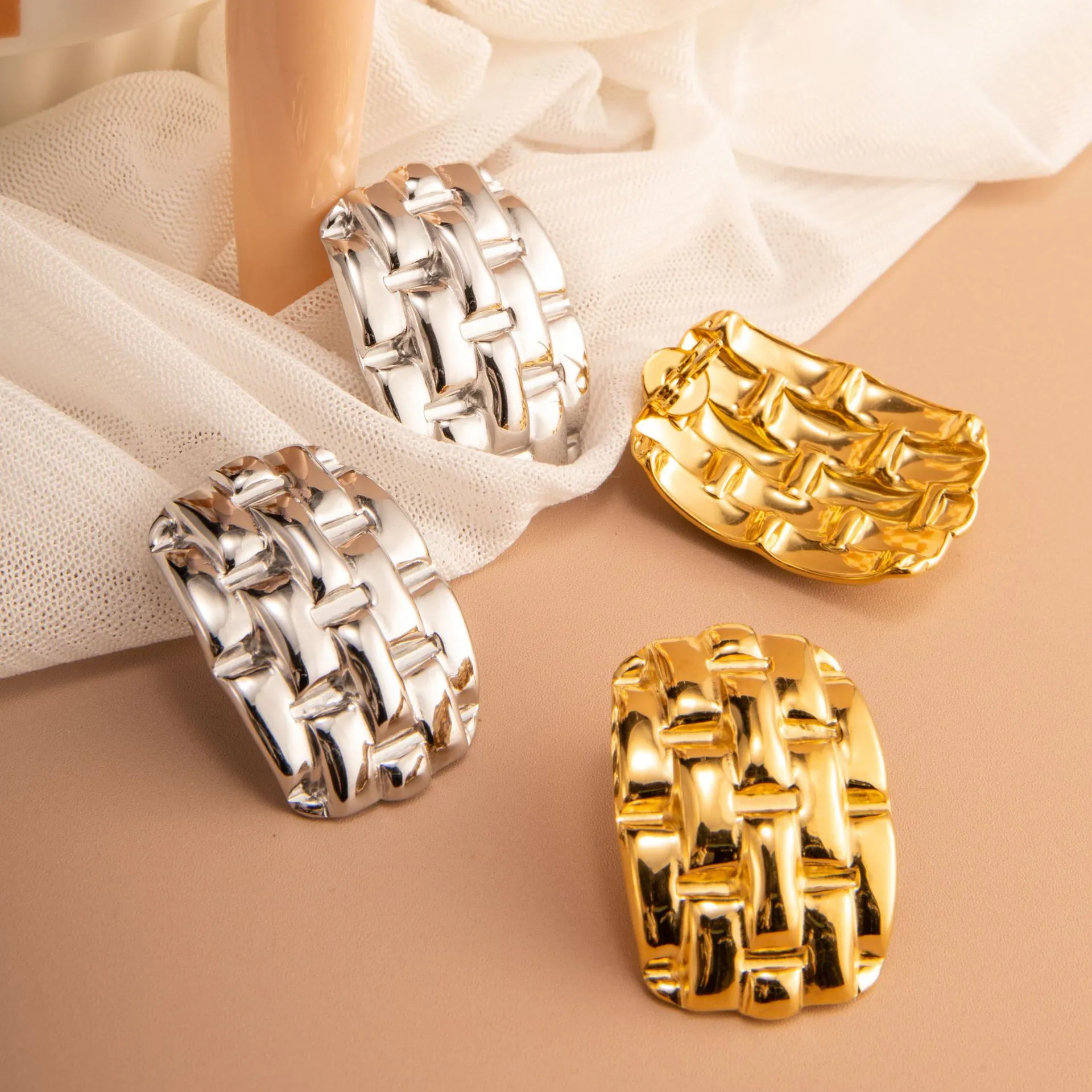 Stainless Steel Stud Earrings 18K Gold Plated Vintage Woven Hammered Texture Irregular Geometric For Women