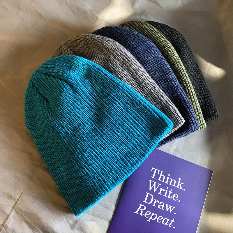 Beanie Hat Acrylic Ribbed Knit Thickened Warm Elastic Retro Solid Color Unisex Streetwear Cold Weather Cap