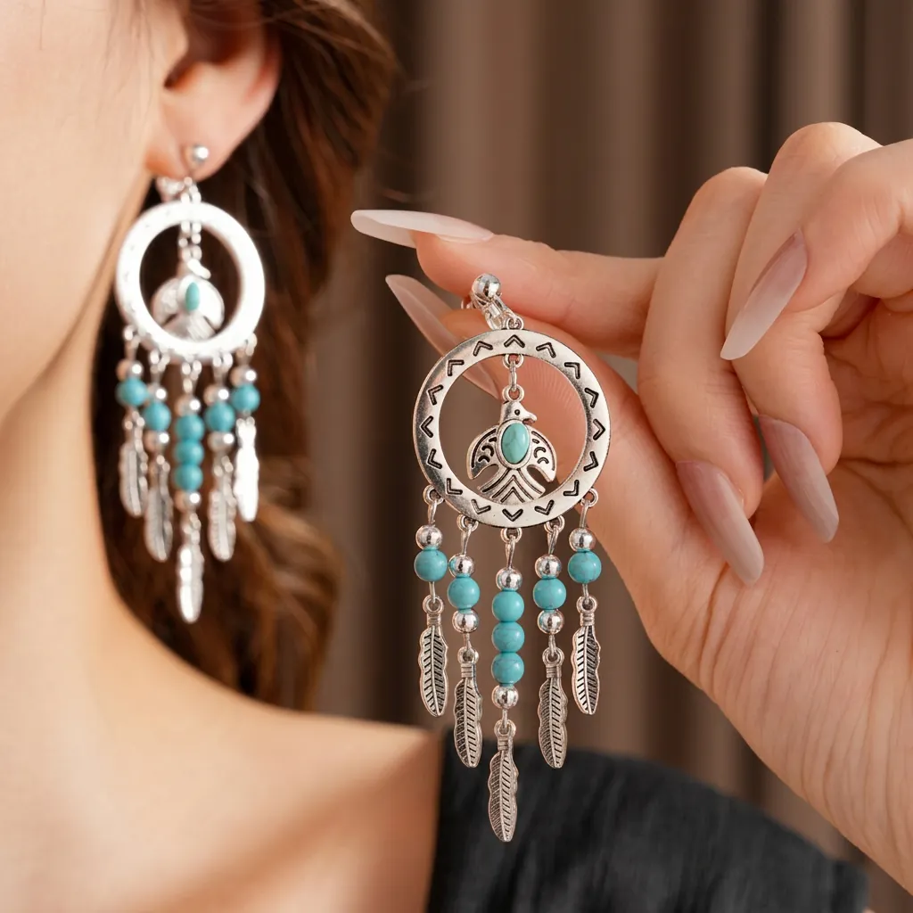 Böhmische Quasten Ohrringe Legierung Türkis Feder Vogel Totem Vintage Ethnischer Schmuck Mit 925 Silber Ohrring Stecker