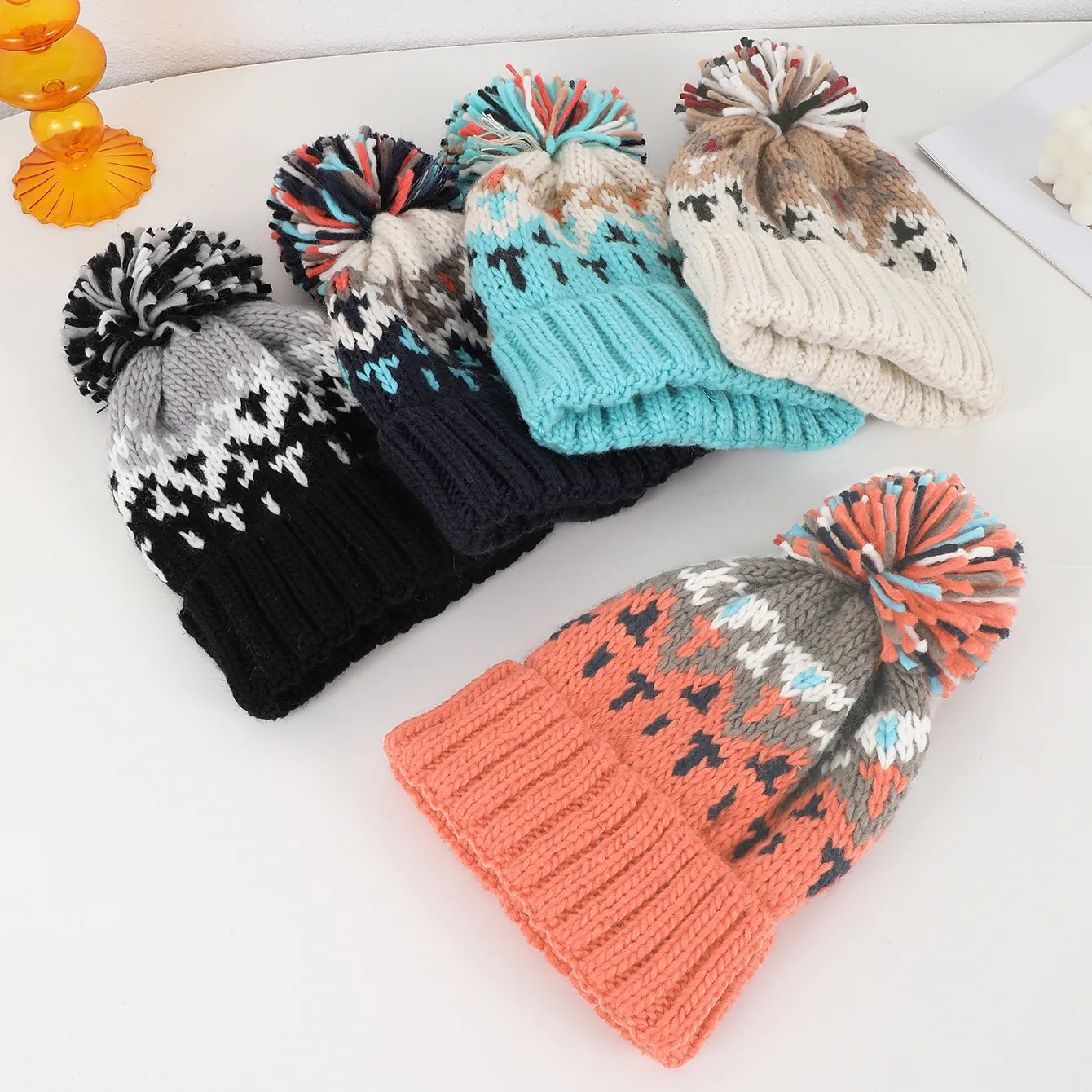Winter Warm Knit Beanie With Pom-Pom For Women Men Colorful Jacquard Pattern Cuffed Outdoor Cycling Fashion Skull Cap