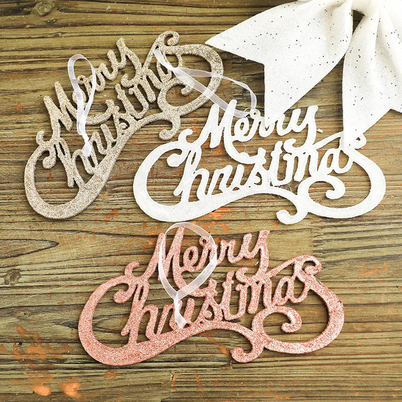 Merry Christmas Sign Hanging Wooden Ornaments With Glitter Stars Reindeer For Christmas Tree Holiday Home Party Decor