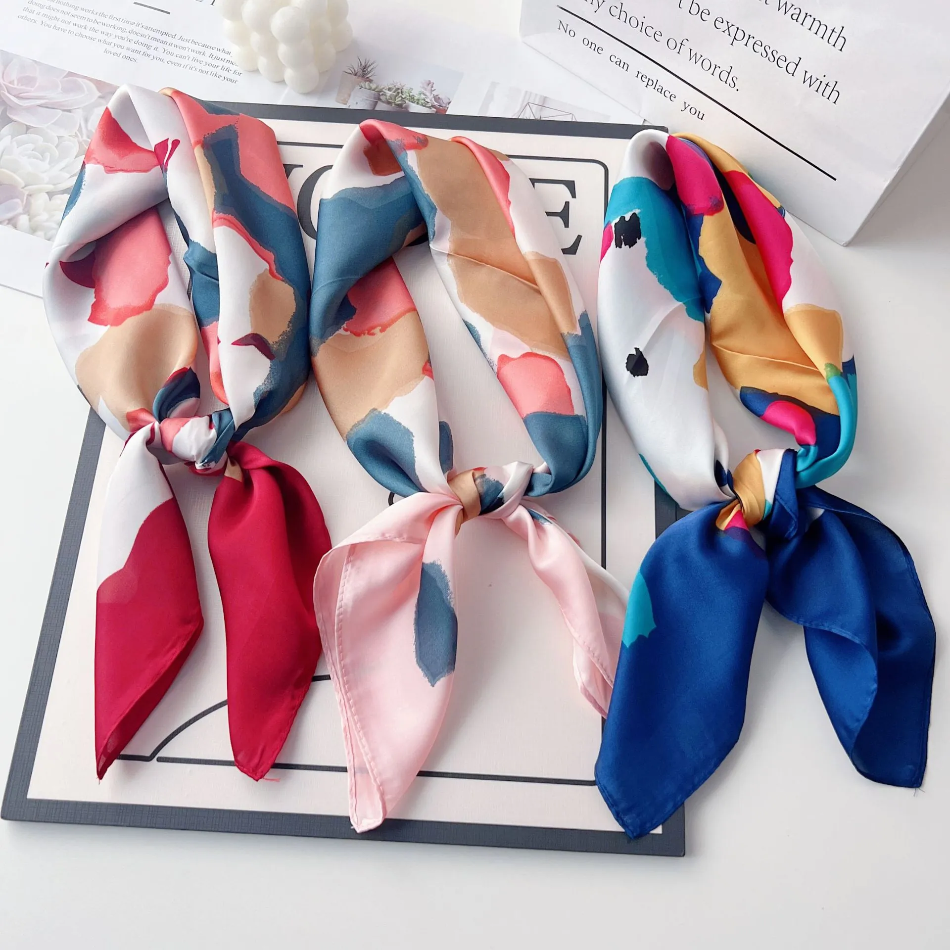 Elegant Square Satin Scarf Printed Fashion Bandana For Women Headwrap Handbag Accessory Satin Like Neck Kerchief