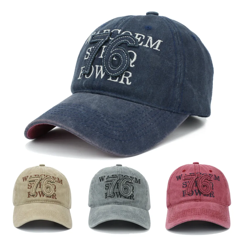 Vintage Gewaschene Baumwolle Baseballkappe 76 Applikationsstickerei Distressed Style Verstellbarer Sonnenhut Unisex