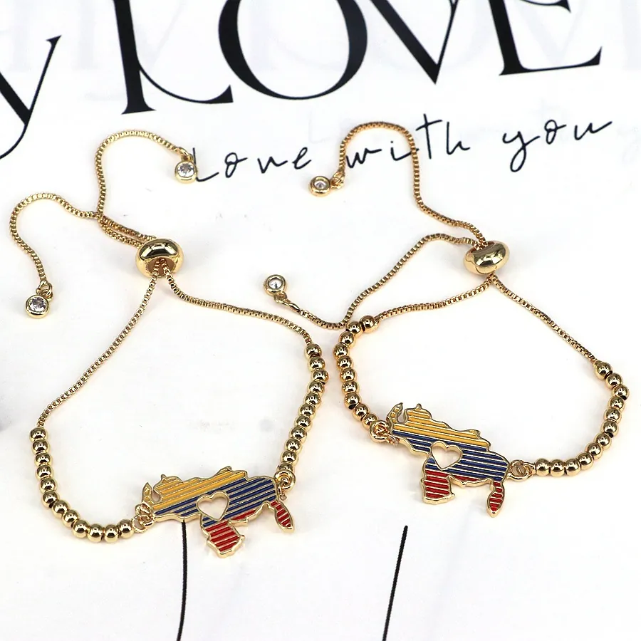Venezuela Map Bracelet For Women Copper Zirconia Enamel Flag Heart Cutout Adjustable Sliding Bead Chain Fashion Jewelry