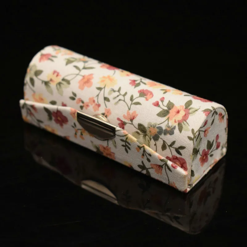 Vintage Floral Fabric Lipstick Case With Mirror Portable Small Jewelry Box For Women Travel Makeup Lip Balm Storage Case