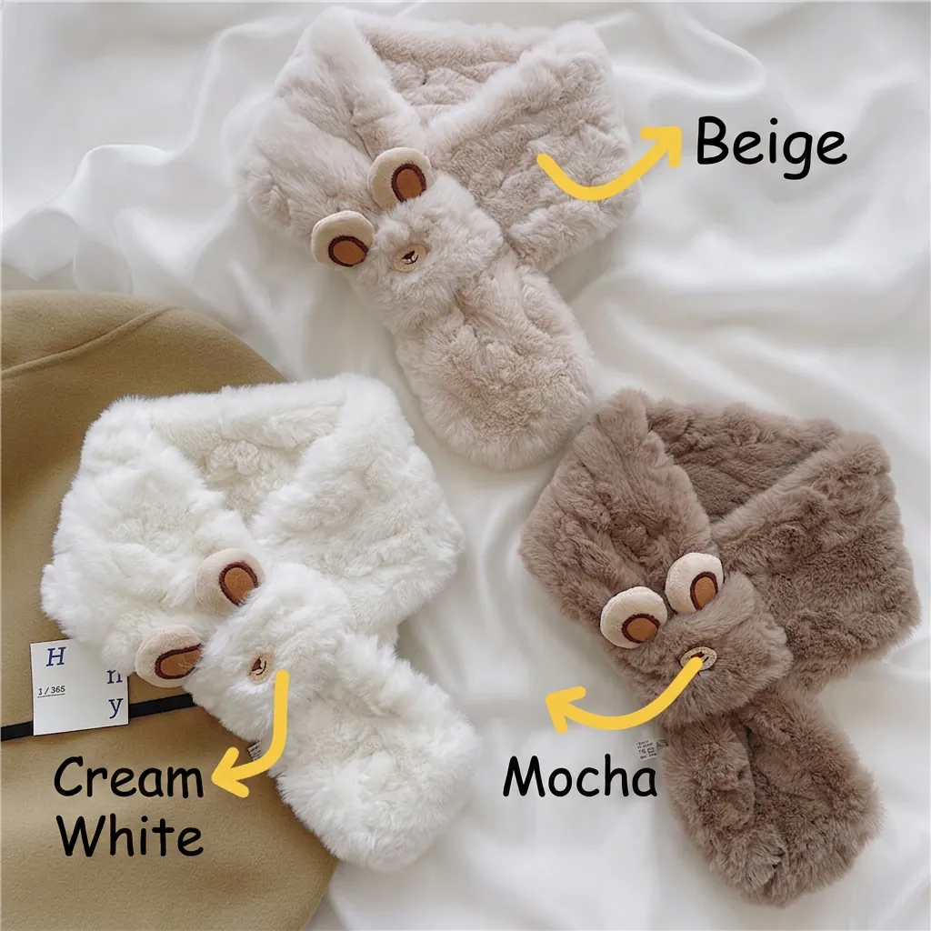Cute Cartoon Bear Plush Scarf Soft Faux Rabbit Fur Warm Winter Cross Neck Warmer For Women And Girls Korean Style