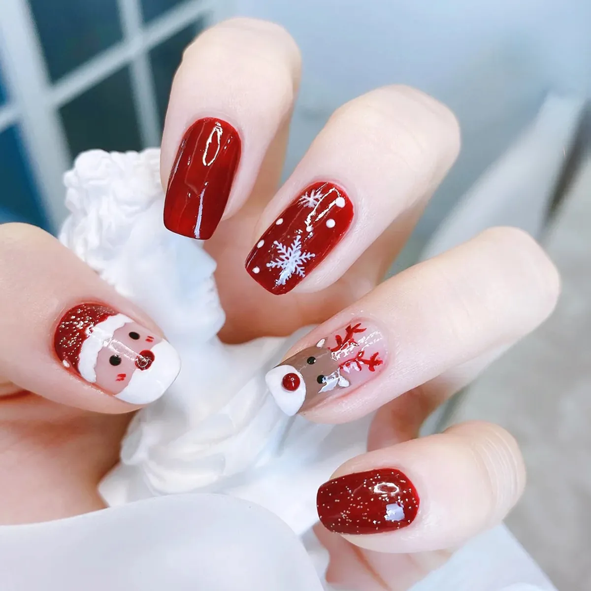 Christmas Press On Nails Reusable Full Cover Glossy Artificial False Nail Tips With Santa Reindeer Snowflake For Women