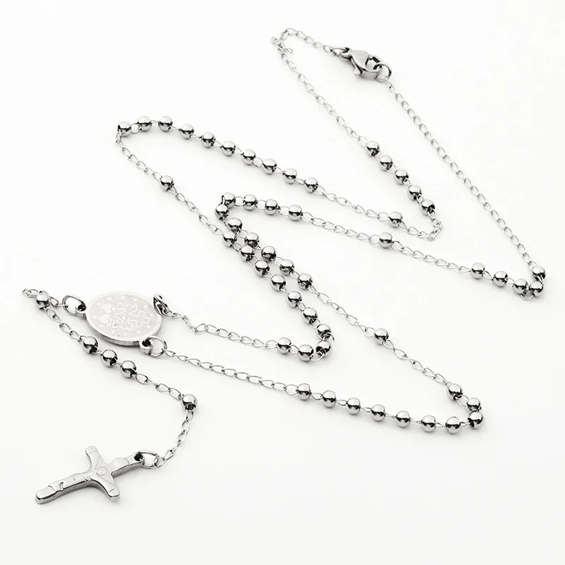 Stainless Steel Rosary Necklace For Women Men Beaded Chain With Crucifix Cross And Virgin Mary Miraculous Medal Religious
