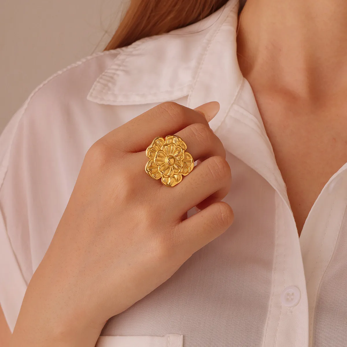 Vintage Double Layer Large Flower Open Ring 18K Gold Plated Stainless Steel Adjustable Jewelry For Women