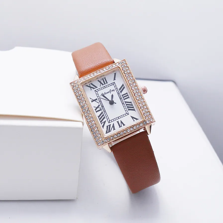Women Quartz Watch Rectangular Rhinestone Bezel PU Leather Strap Roman Numerals Fashion Elegant