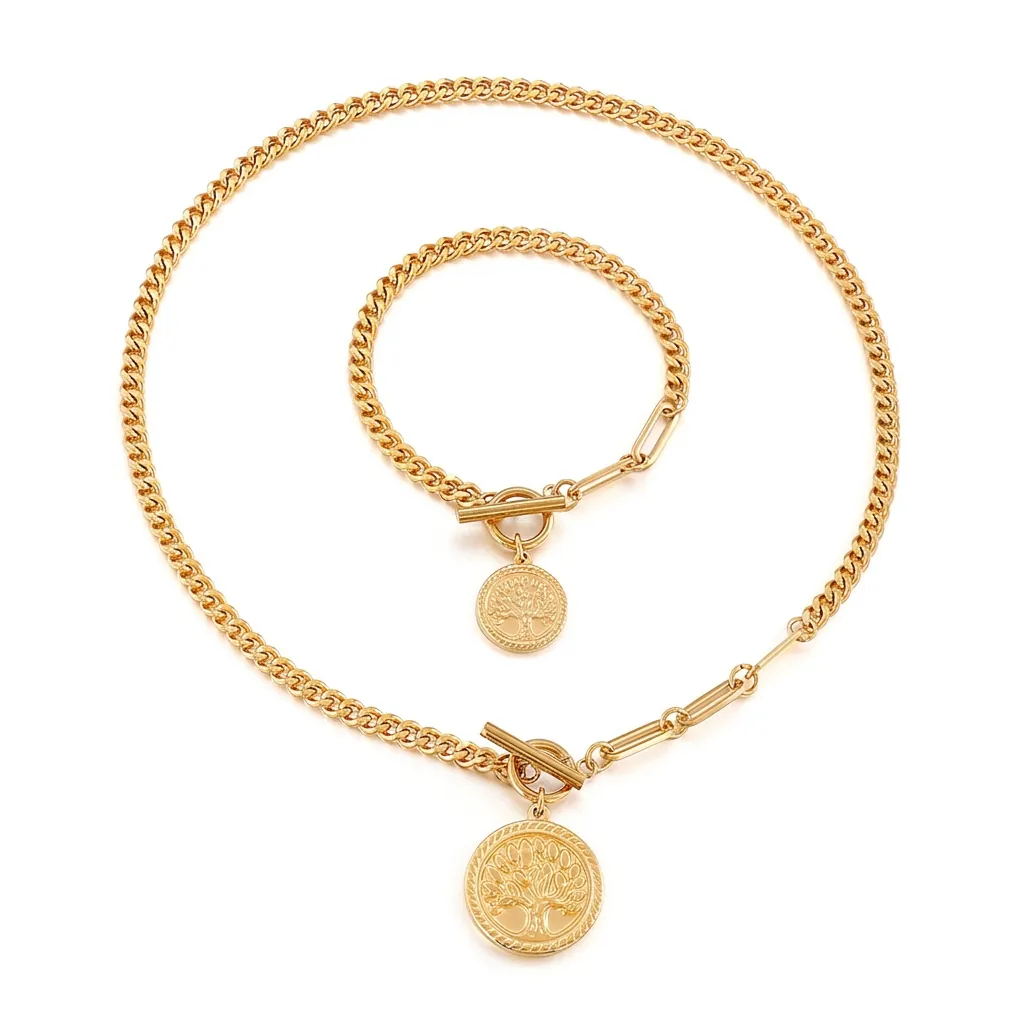 Collier Et Bracelet Arbre De Vie En Acier Inoxydable Bijoux Pour Femmes Avec Fermoir En T Maille Cubaine Et Trombone