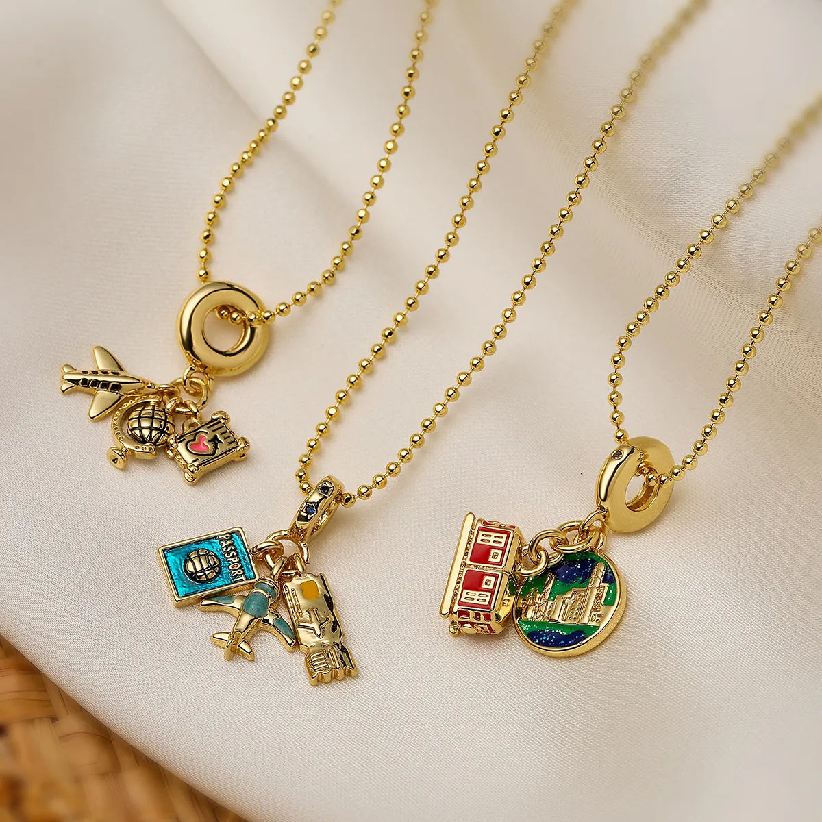 Copper Gold Plated Enamel Travel Pendant Necklace With Airplane Globe Passport Bus For Women Dainty Minimalist Jewelry