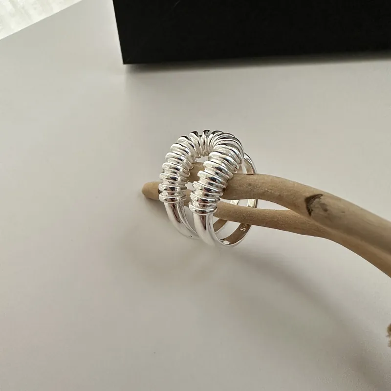 Anillo de Espiral Hueco de Plata de Ley 925 Vintage para Mujer Minimalista Ajustable Geométrico Anillo de Dedo Abierto