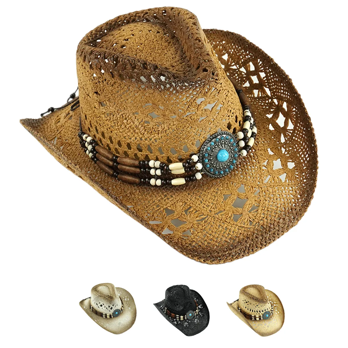 Western Paper Straw Cowboy Hat Hollow Out Breathable Sun Protection Vintage Turquoise Bead Band Beach Travel For Adult