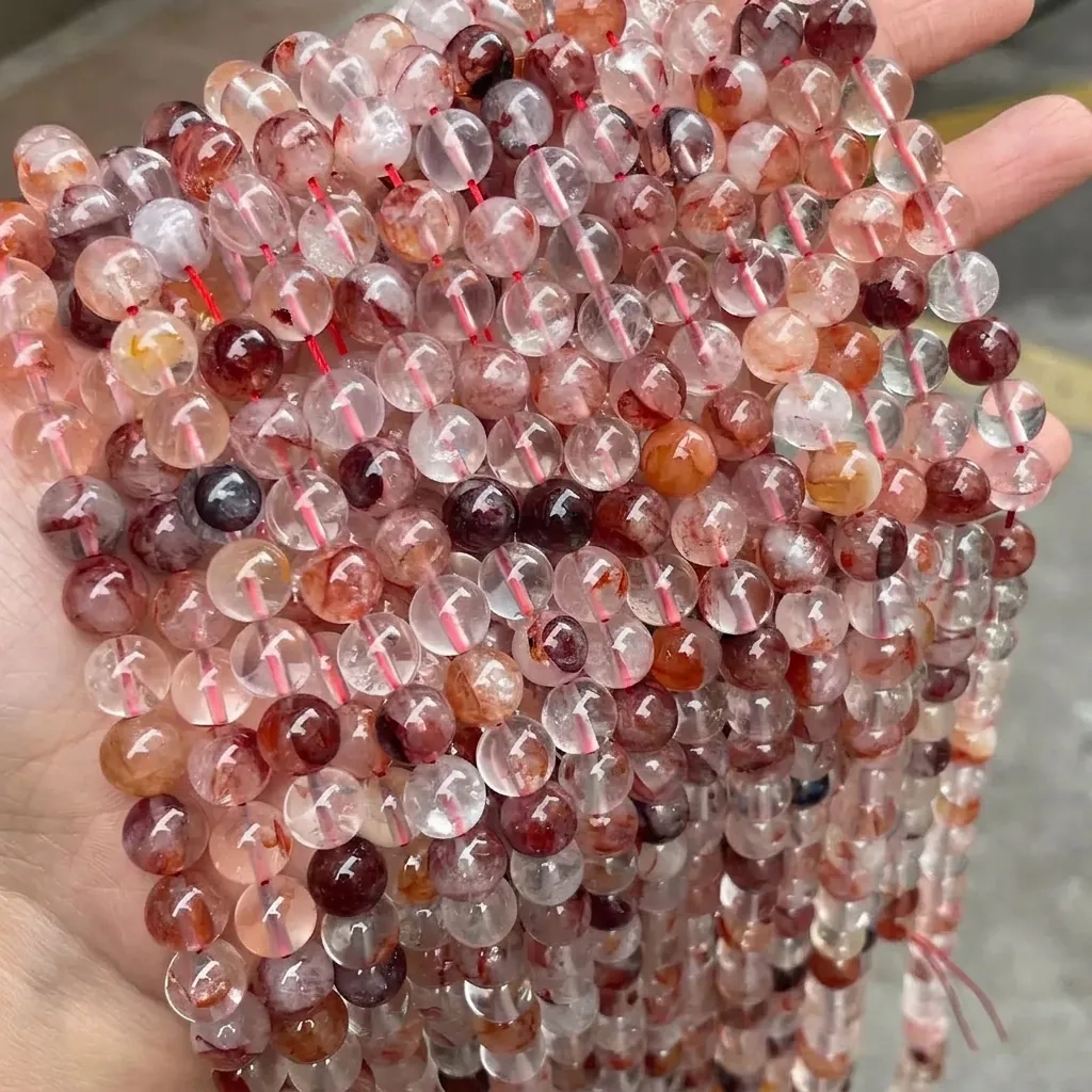 Perles En Quartz Hématonïde Naturelles Rondes Cristal Fleur De Colle Rouge Jaune DIY Création Bijoux