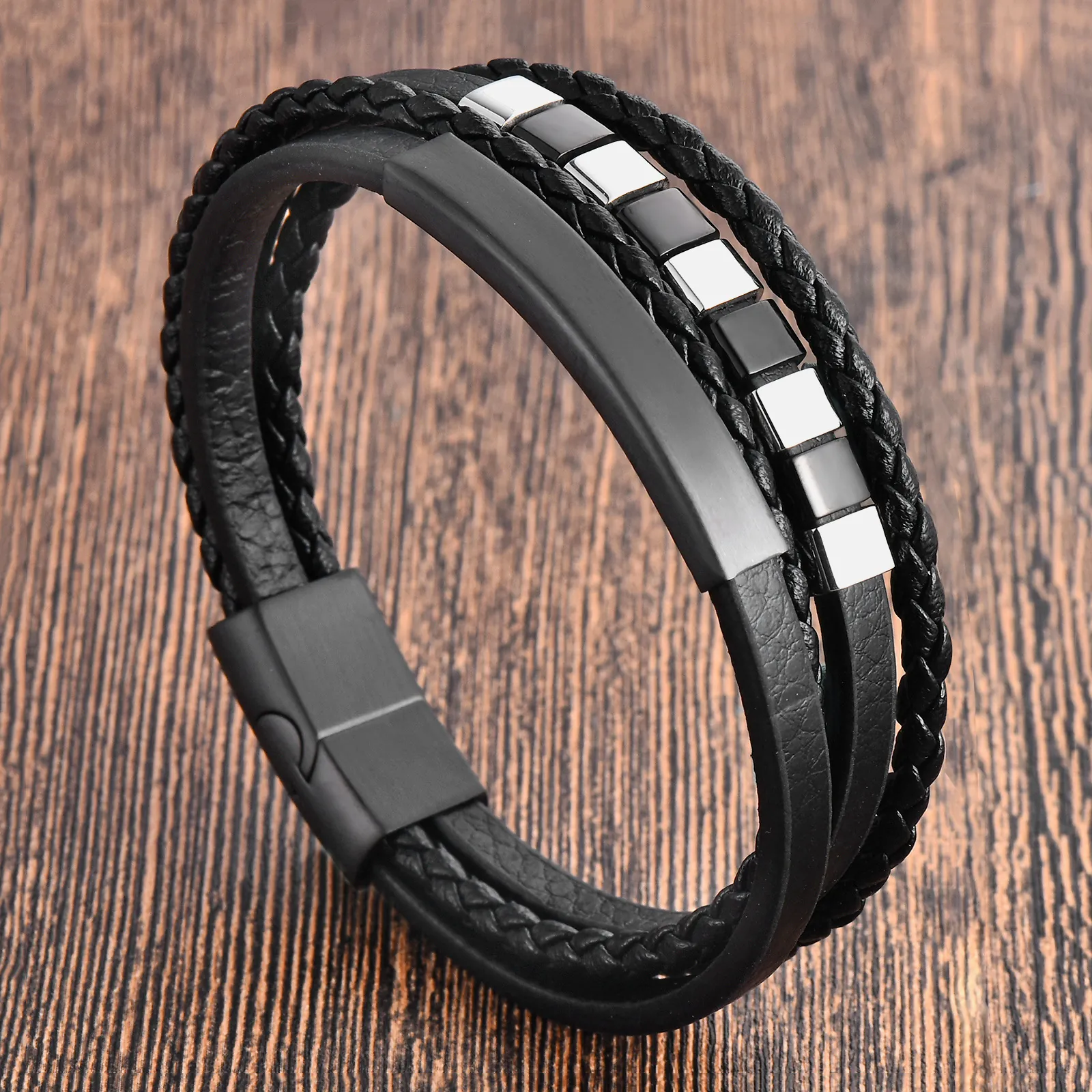 Men Multi-layer Braided Leather Bracelet With Stainless Steel Square Beads Magnetic Buckle Punk Style Handcrafted
