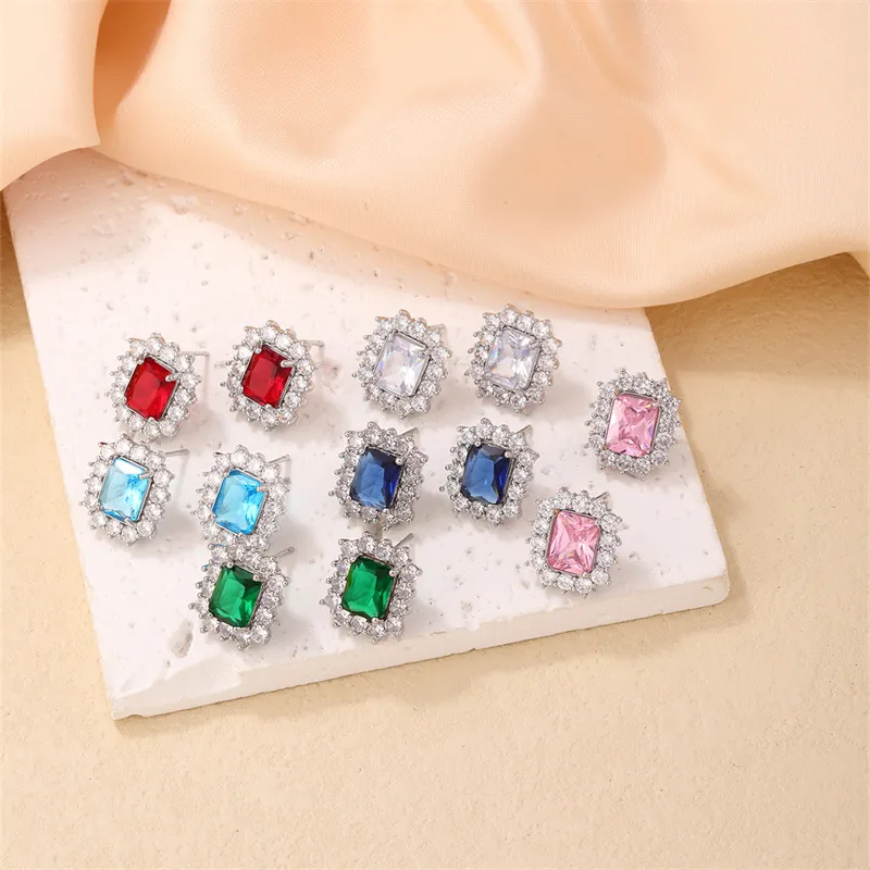 Elegant Square Halo Stud Earrings Copper Rhinestone Inlaid Colorful Jewelry For Women Daily Fashion Jewelry Earrings