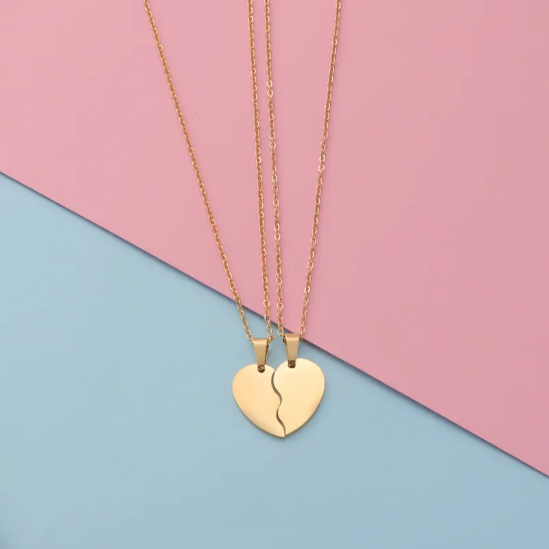 Fashion Stainless Steel Split Heart Couple Necklace Keychain Polished Heart Pendant Jewelry For Lovers Gift Daily Wear