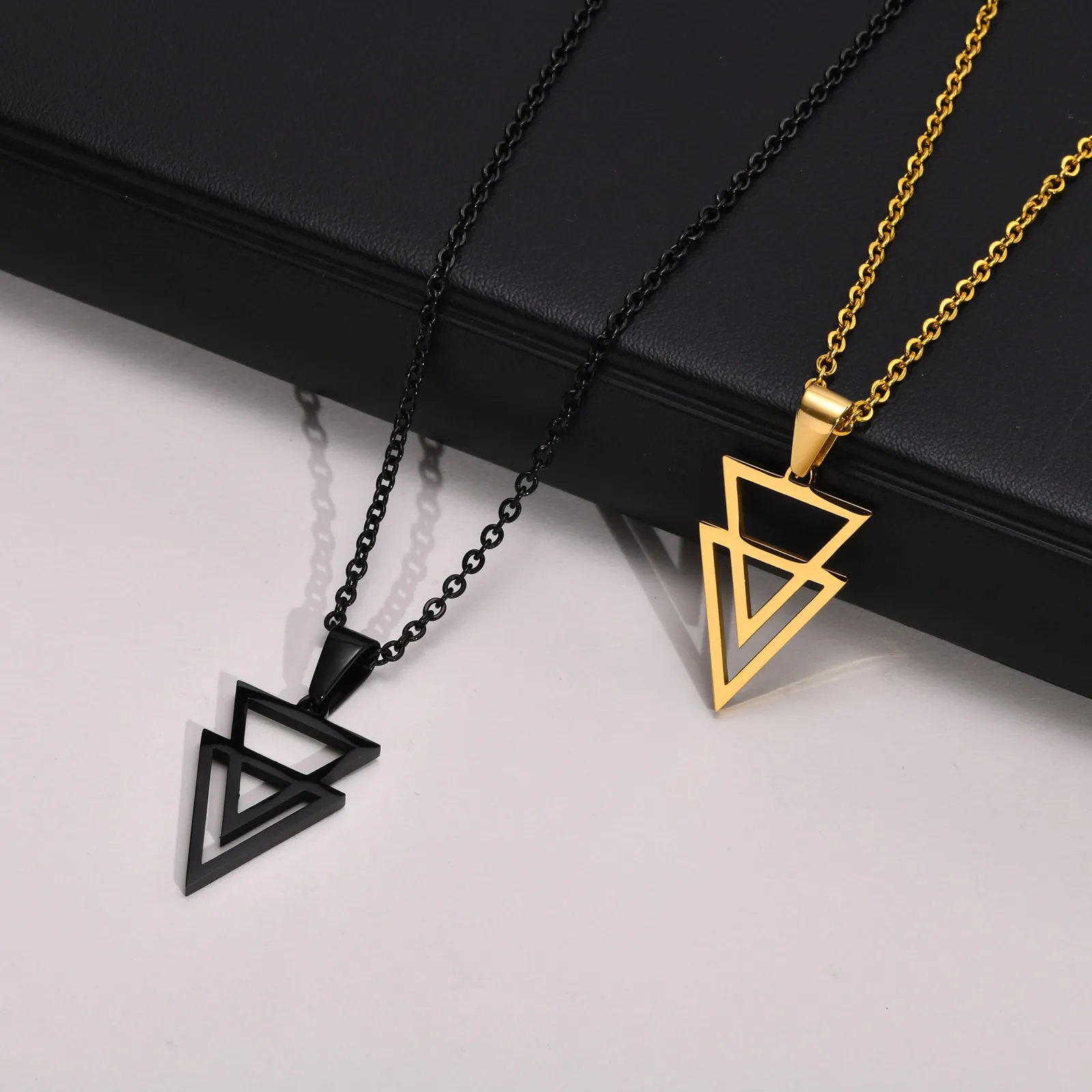 Geometric Double Triangle Pendant Necklace Stainless Steel Punk Hip Hop Minimalist Jewelry Gift For Men
