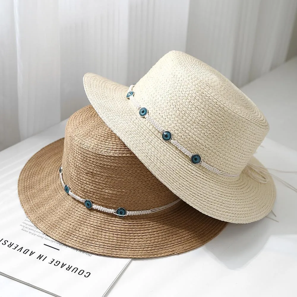 Boater Straw Hat For Women With Evil Eye Beads Braided Rope Flat Top Summer Sun Beach Vacation Elegant Retro
