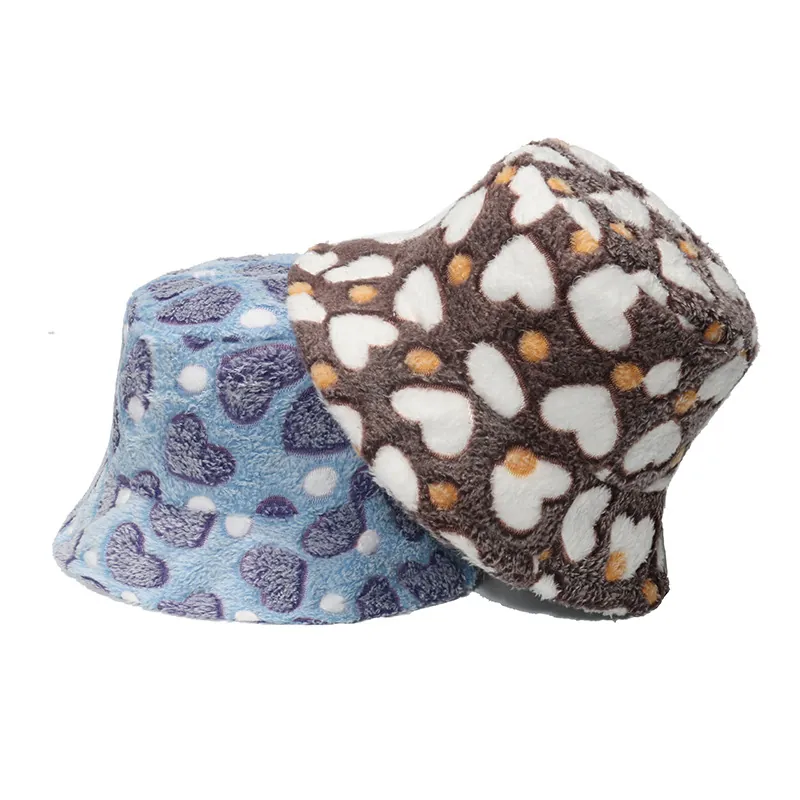 Women Winter Plush Bucket Hat Heart Pattern Faux Fur Warm Soft Fisherman Hat Casual Outdoor Korean Style Autumn Winter Fashion Cap