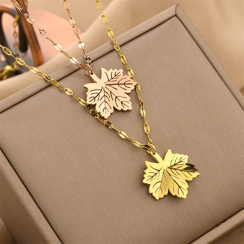 Maple Leaf Pendant Necklace Stainless Steel Elegant Minimalist Nature Jewelry For Women Gold Rose Gold Plated