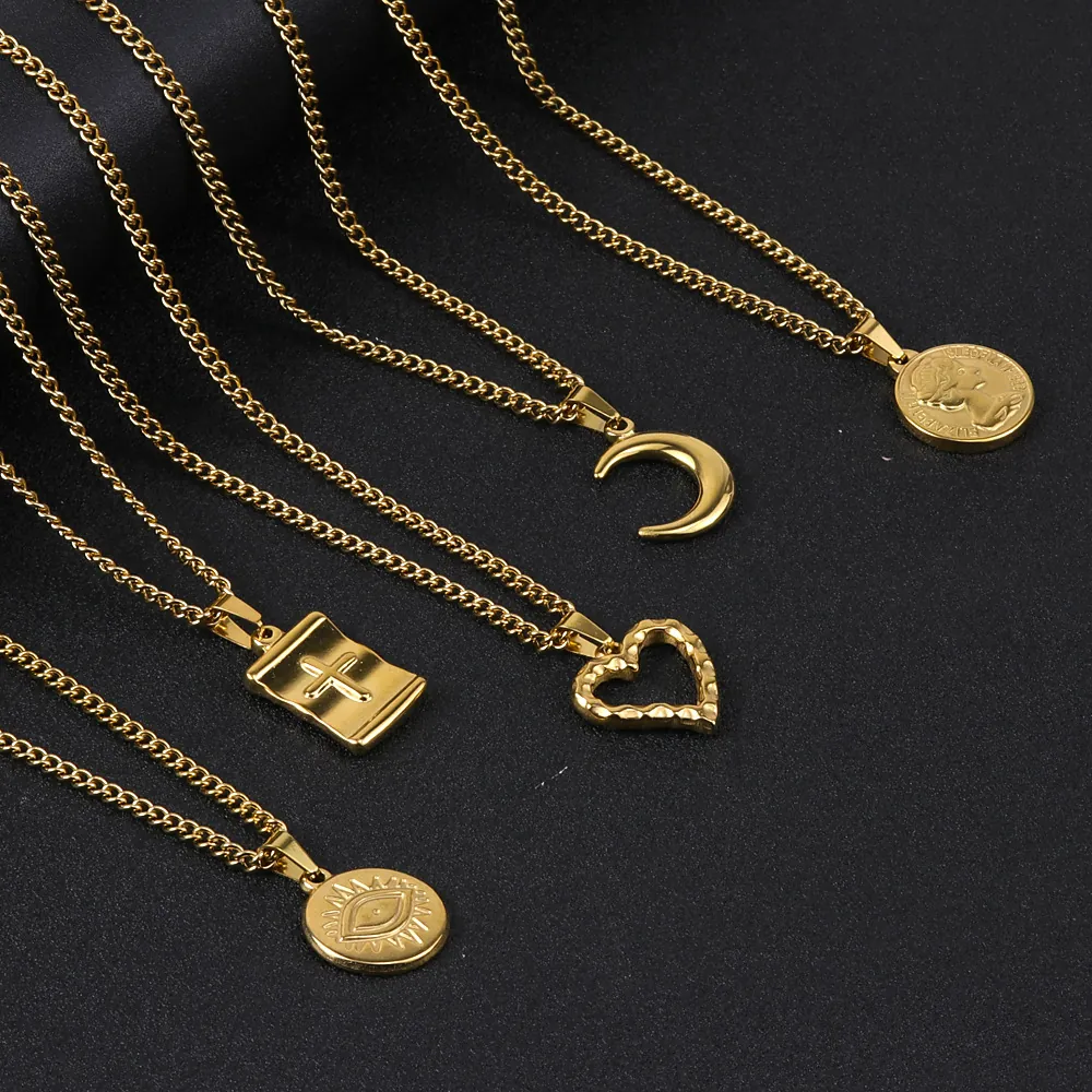 Fashion Stainless Steel Electroplated 18K Gold Plated Heart Evil Eye Portrait Cross Moon Pendant Necklace For Women Jewelry