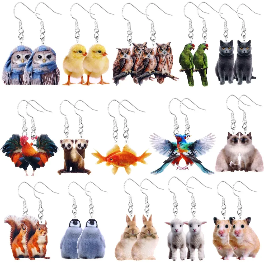 Cute Animal Cartoon Dangle Earrings Acrylic Flat Printed Adorable Owl Cat Bird Patterns For Women Girls Jewelry Gift