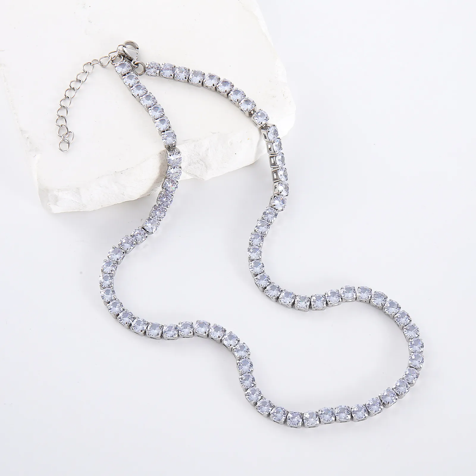 Collier Chaîne Tennis Hip Hop Iced Out Zircone Cubique Ronde Acier Inoxydable 304 Bijoux Polyvalents Pour Hommes Et Femmes