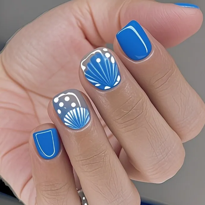 Short Square Press On Nails Blue Shell Texture Polka Dot Minimalist Summer Ocean Style Artificial Nails For Women