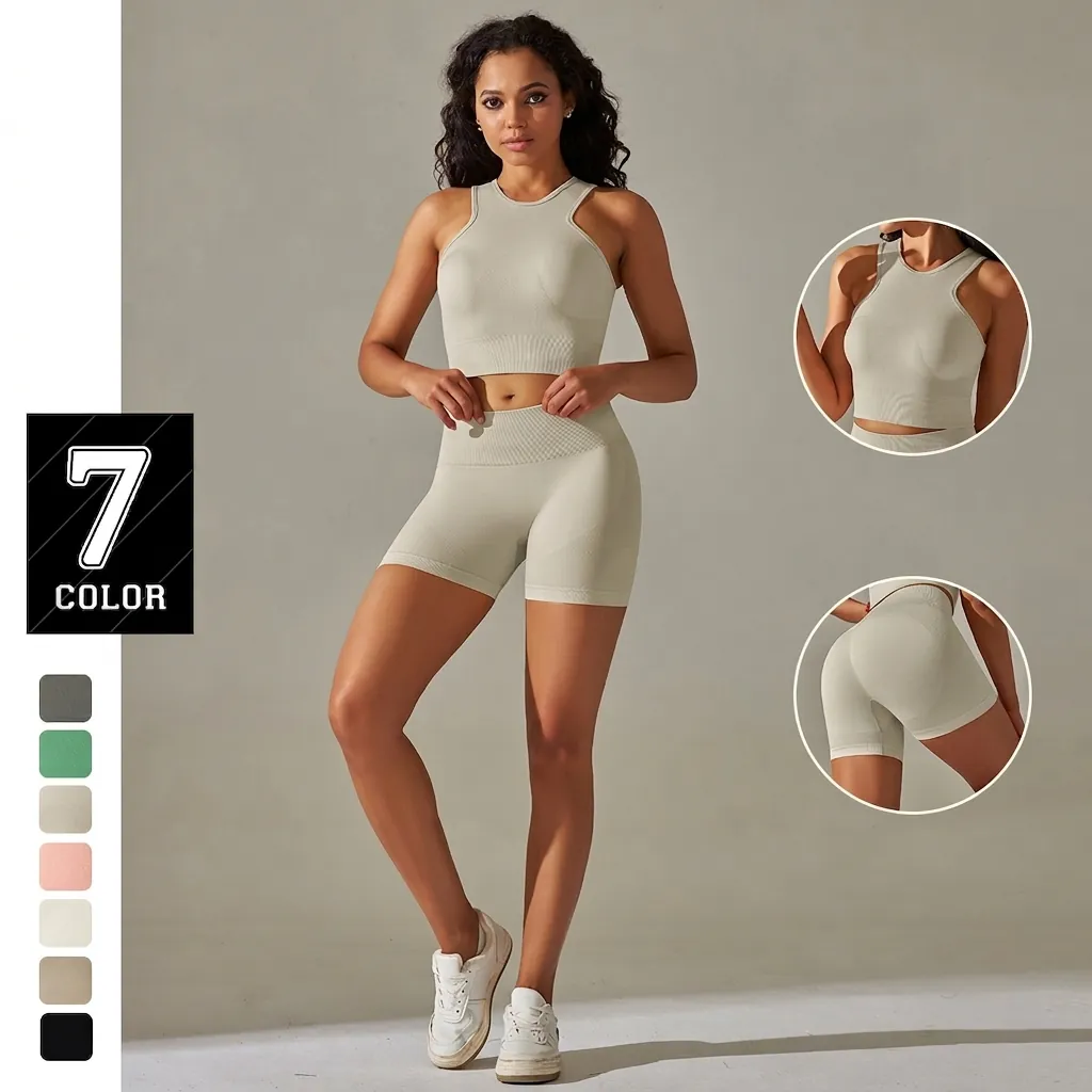 Women Seamless Ribbed Yoga Set Sport Top And Bottom High Waist Gym Shorts And Racerback Workout Bra Set