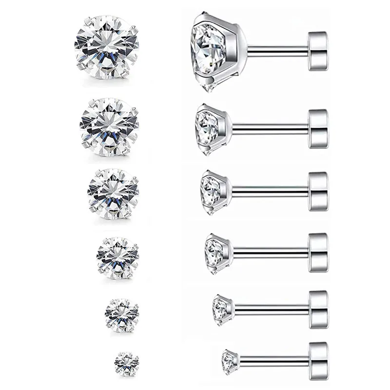 Boucles D'oreilles Clous Acier Inoxydable Zircone Cubique Ronde Sertissage Quatre Griffes Bijoux Piercing Style Mode