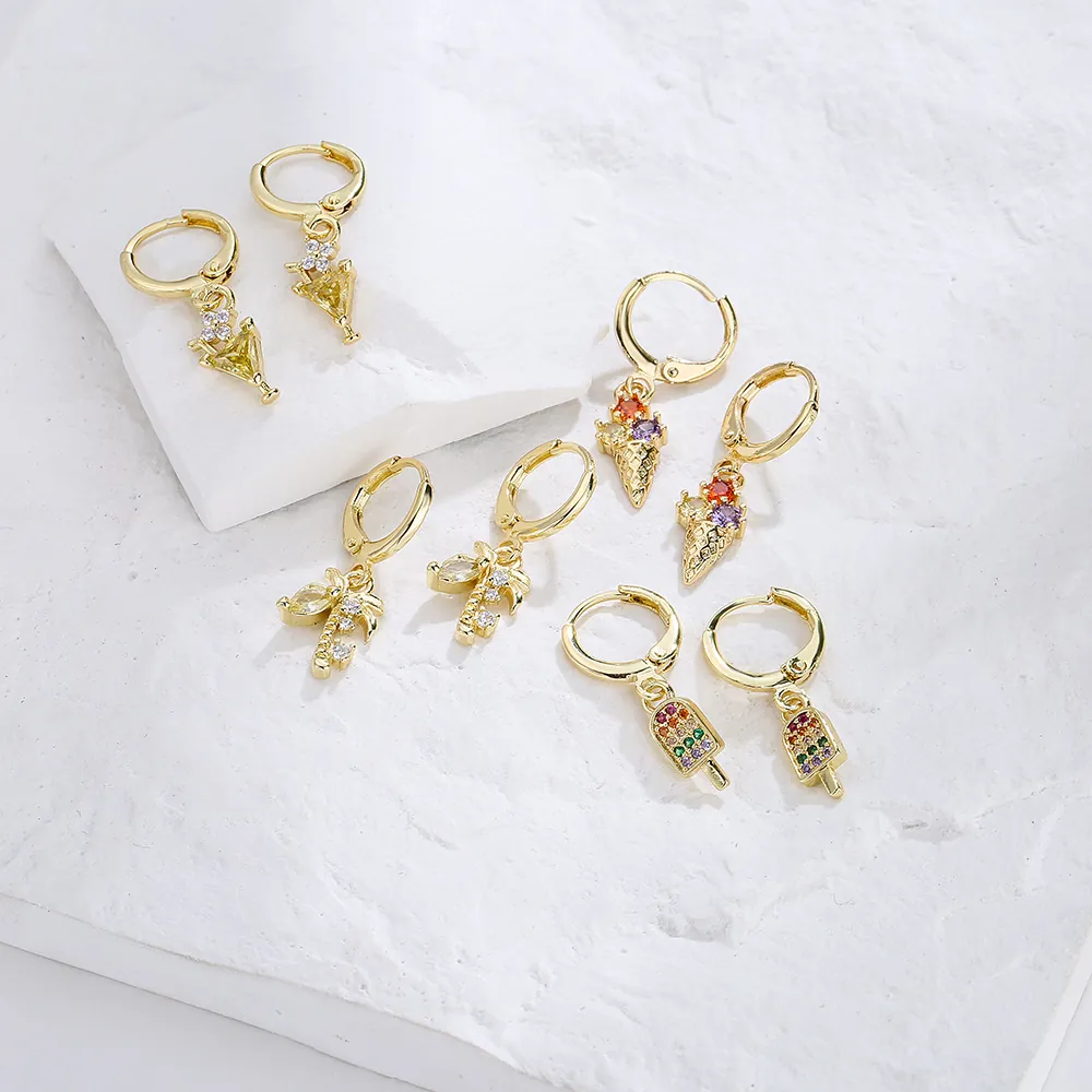 Summer Element Hoop Earrings Gold Plated Copper Colorful Cubic Zirconia Coconut Tree Ice Cream Cocktail Creative Cute