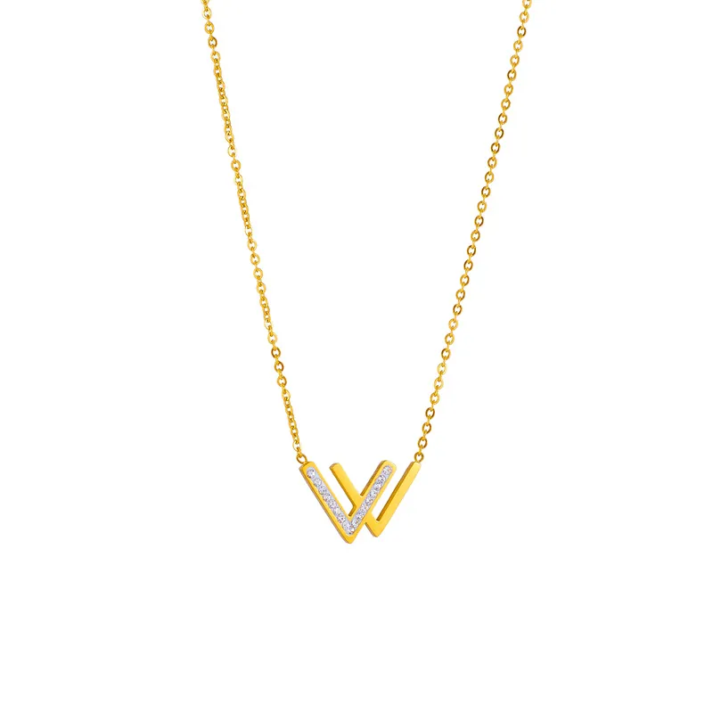 Minimalist W Letter Pendant Necklace Stainless Steel Zircon Inlaid Gold Plated Double V Shape Fashion Jewelry For Women