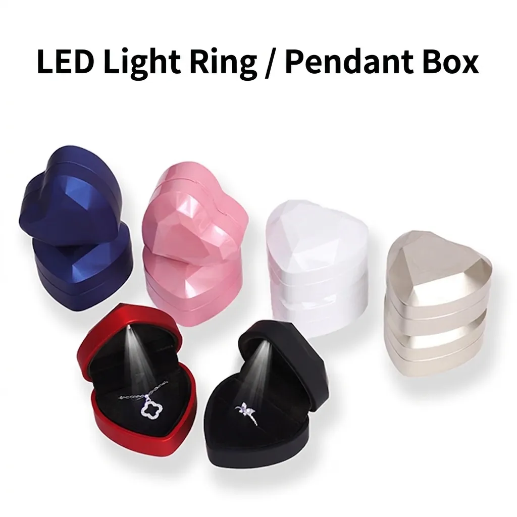 Caja De Joyería LED En Forma De Corazón Diseño De Corte De Diamante Carcasa De Plástico Forro De Terciopelo Para Anillo Collar Colgante Regalo De Boda