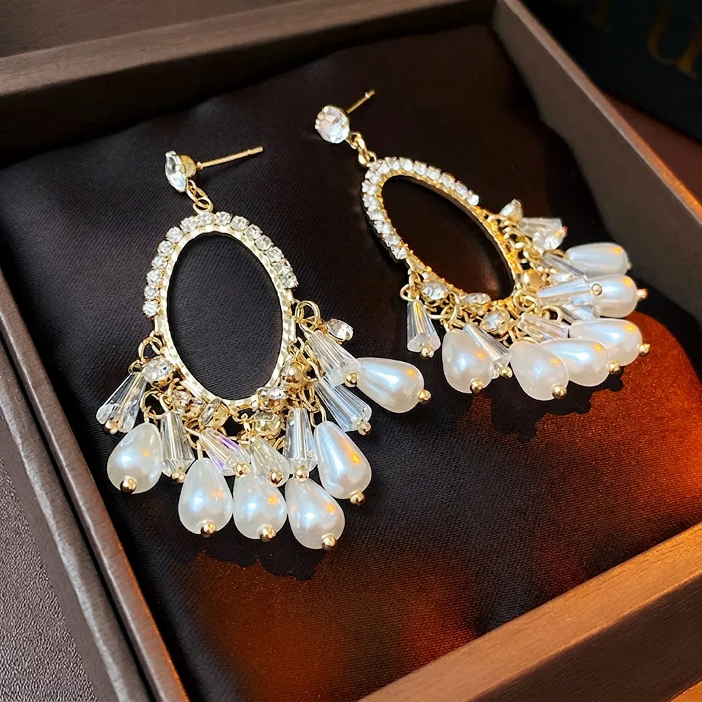 Vintage Oval Rhinestone Dangle Earrings With 925 Sterling Silver Earring Post Faux Artificial Pearl Crystal Tassel For Women