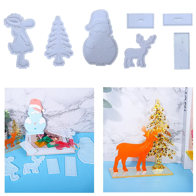 Christmas Silicone Molds For DIY Resin Epoxy Casting Reindeer Santa Snowman Tree Desktop Ornaments With Stand Base