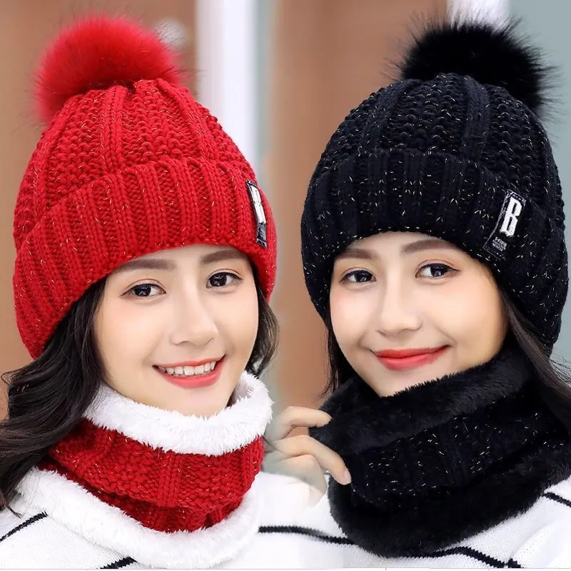 Women Winter Knitted Beanie Hat And Neck Scarf Fleece Lined Warm Windproof Pom Pom Fashion