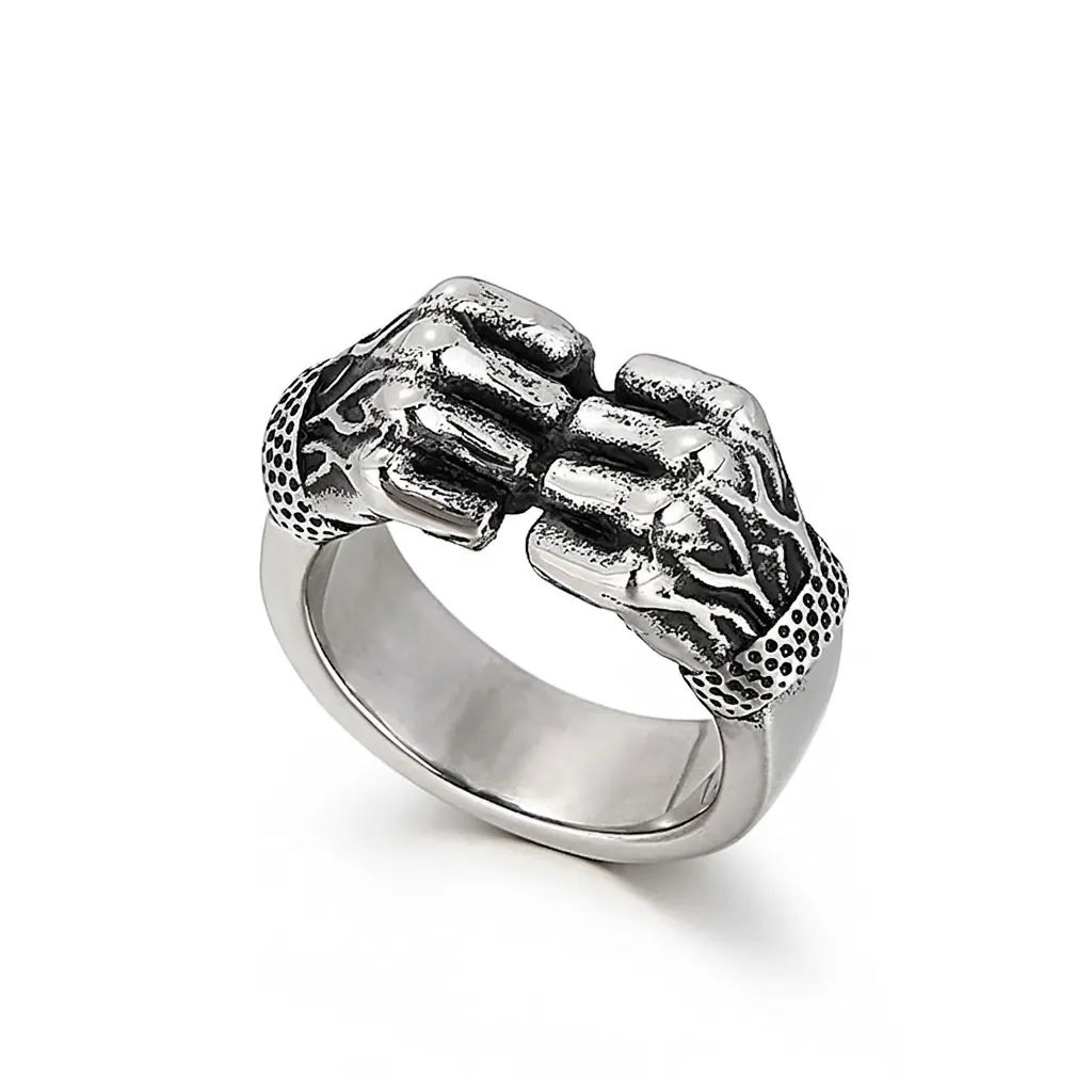 Bague Homme Deux Poings Acier Inoxydable Vintage Rétro Punk Rock Hip Hop Bijoux