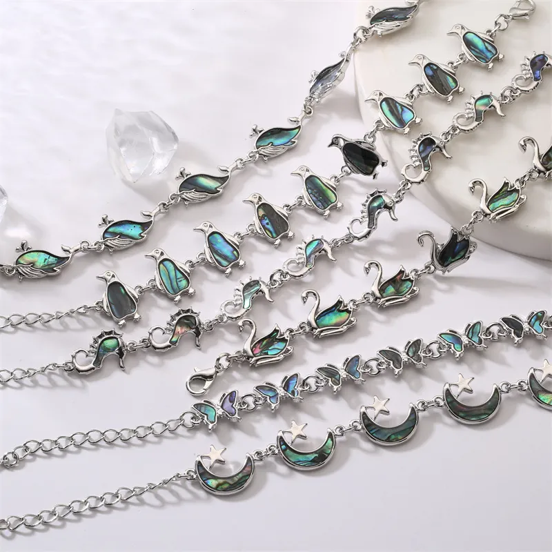 Fashion Abalone Shell Inlay Bracelet Women Silver Plated Alloy Heart Cross Butterfly Animal Shape Bohemian Jewelry