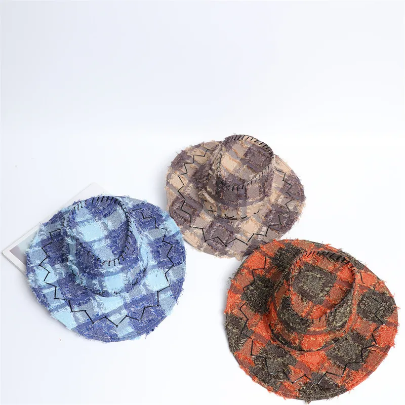 Western Cowboy Hat Plaid Patchwork Distressed Wide Brim Fringed Edge With Adjustable Chin Strap Outdoor Travel Unisex